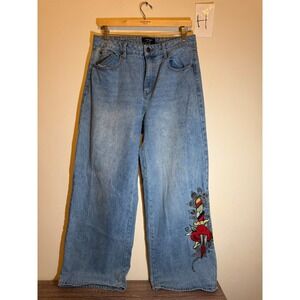 Ed Hardy Jeans Graphic Embroidered Y2K Wide Leg Light Wash Blue Size 30
